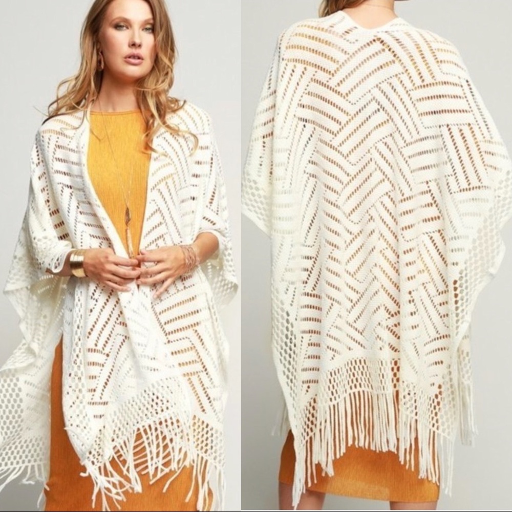 Ivory Long Crochet Ruana with Fringe - Picture 2 of 5